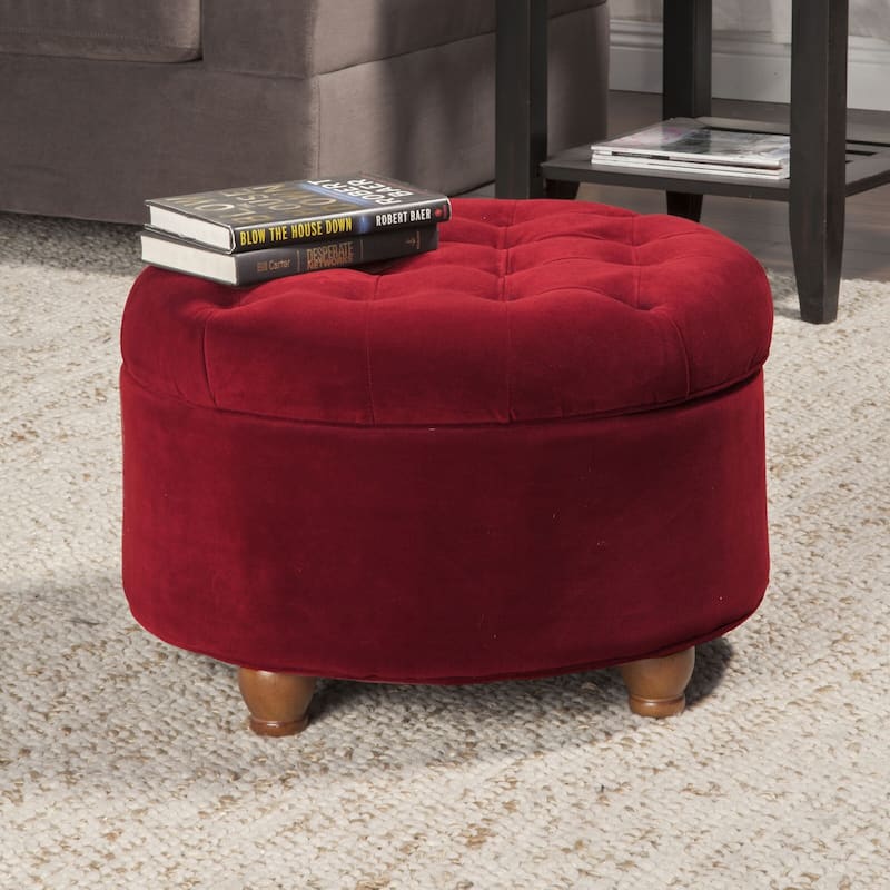 Copper Grove Moses Button Tufted Velvet Berry Round Storage Ottoman - Red