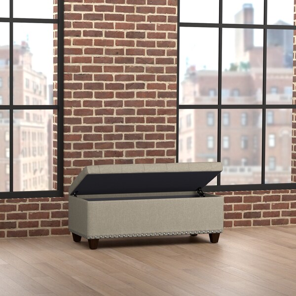 Gracewood Hollow Musodza Tufted Wall Hugger Bench Storage Ottoman in Barley Tan Linen