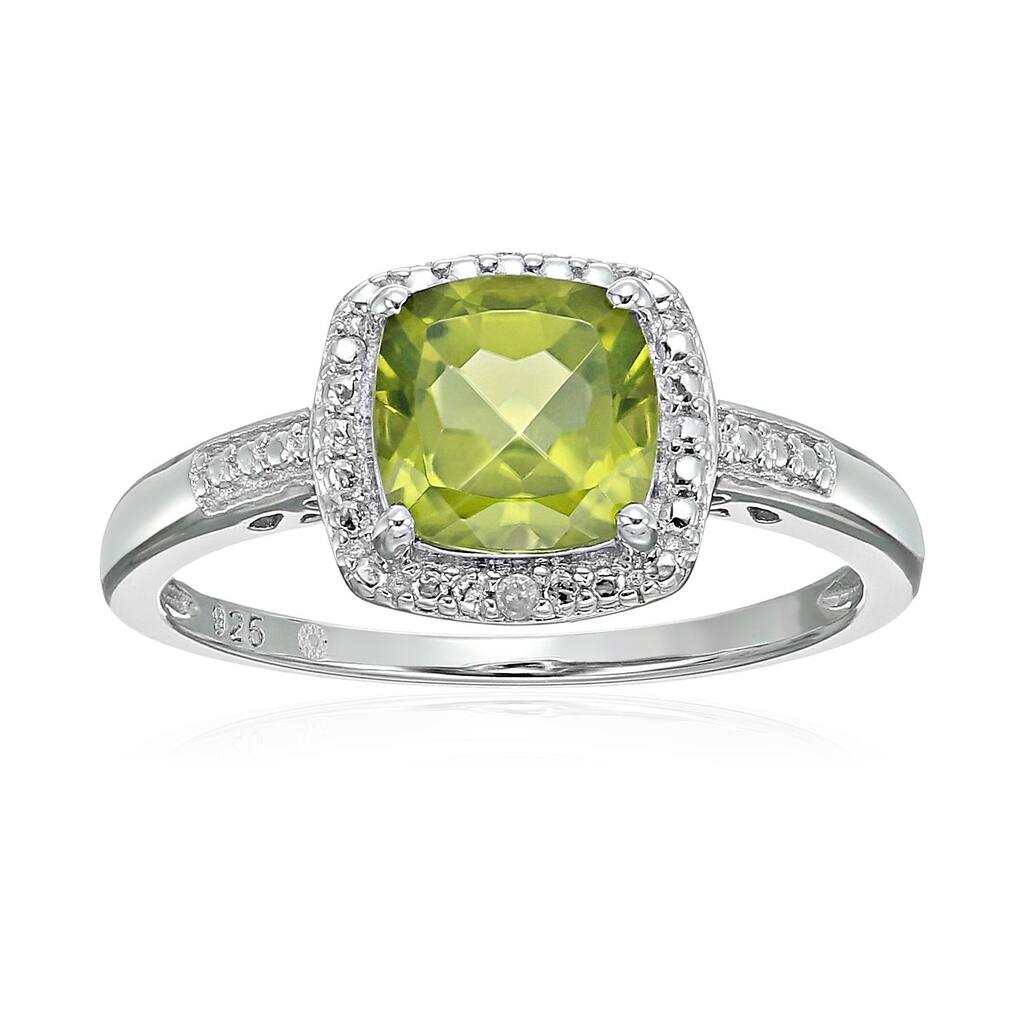 Sterling Silver Cushion Peridot & Diamond Engagement Ring, Size 7