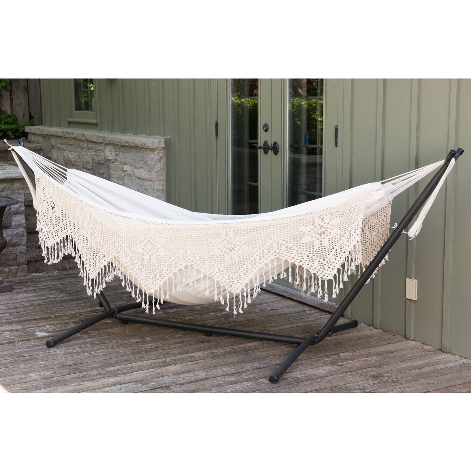 Vivere's Combo - Double Deluxe Natural with Fringe Hammock with Stand - 9ft