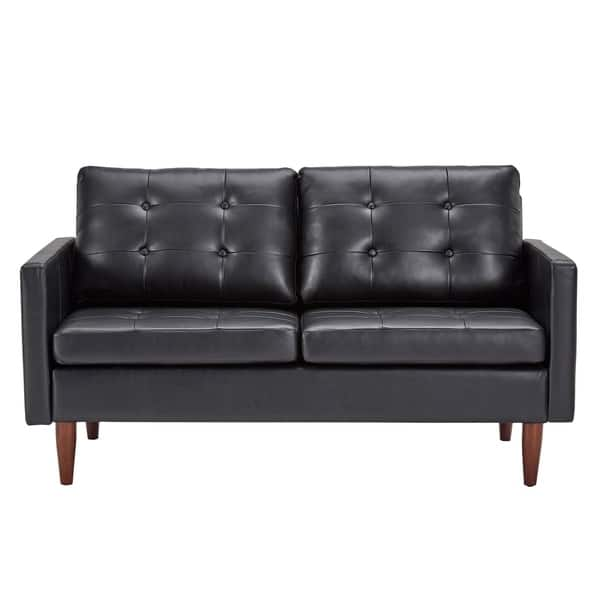 Shop Shawna Black Button Tufted Leather Gel Sofa By Inspire