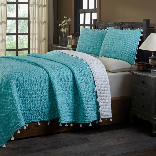 Basia Turquoise Polka Dot Tassle Pom Pom Cotton Quilt Set. Opens flyout.