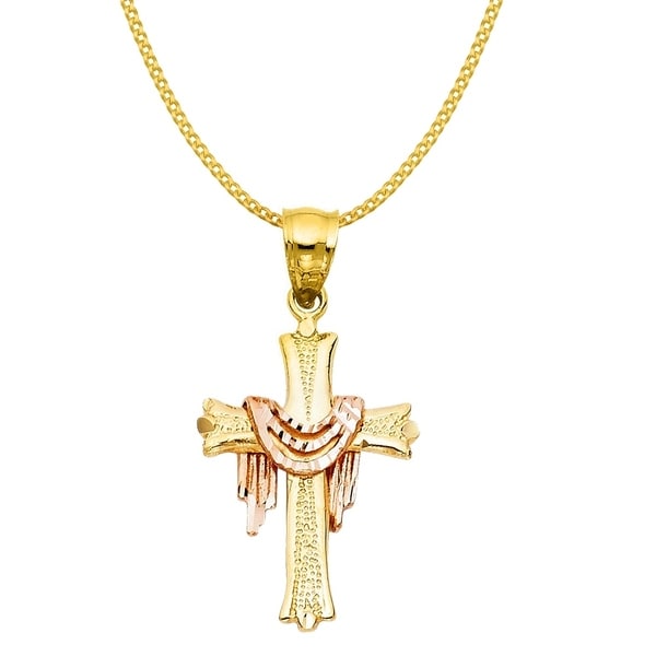 14K Two Tone Gold Religious Cross Charm Pendant with 0.8mm Box Chain Necklace