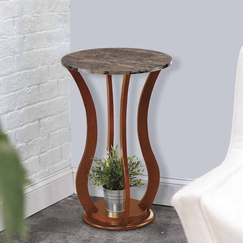Transitional Wooden Plant Stand With Faux Marble Top, Brown