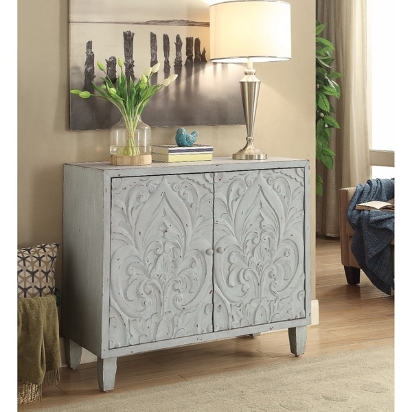 well-made accent cabinet with floral door design, gray