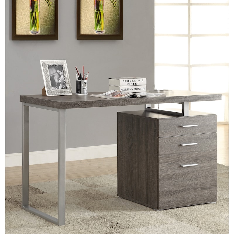 Wooden and Metal Office Desk with Storage Unit, Brown and Silver