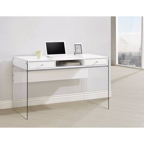 Contemporary Metal Writing Desk with Glass Sides, Clear And White