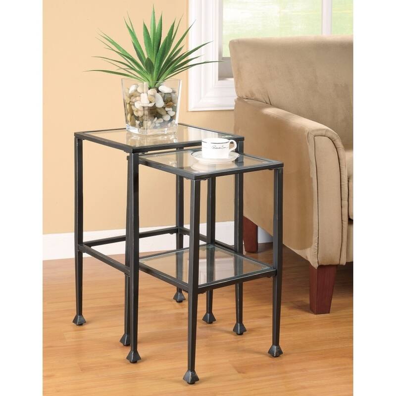 Set Of 2 Metal Nesting Tables With Glass Top, Black