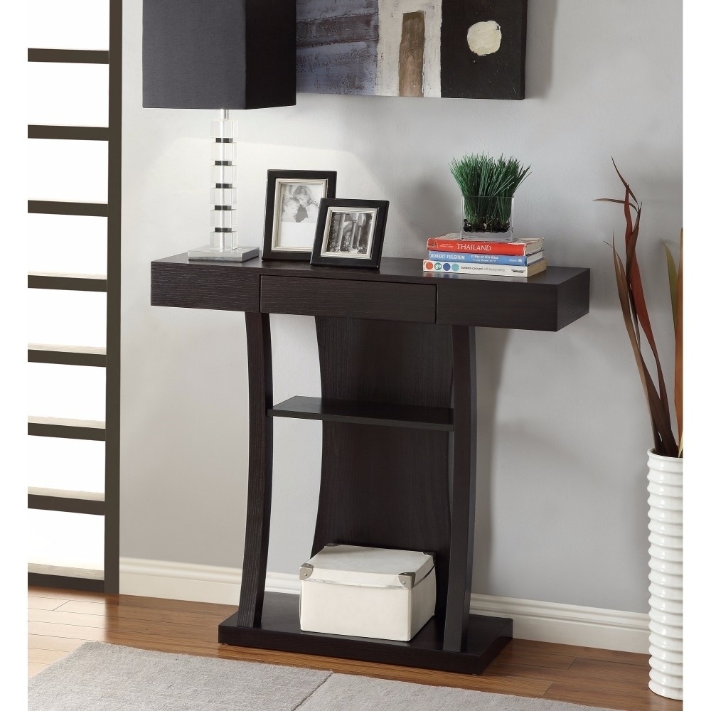 Shop T Shaped Console Table With 2 Shelves Brown Free Shipping