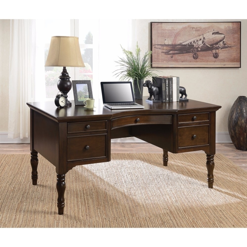 Traditional Style Wooden Writing Desk With Drawers, Brown