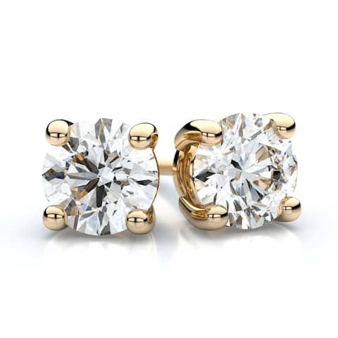 14k Yellow Gold 4-prong Round Diamond Stud Earrings 2ctw (6.5mm Ea), K Color, I1-i2 Clarity