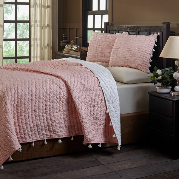 Basia Peach Polka Dot & Pom Pom Tassle Cotton Quilt Set. Opens flyout.