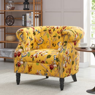 Handy Living Chesterfield Yellow Multi Floral with Birds Arm Chair ...