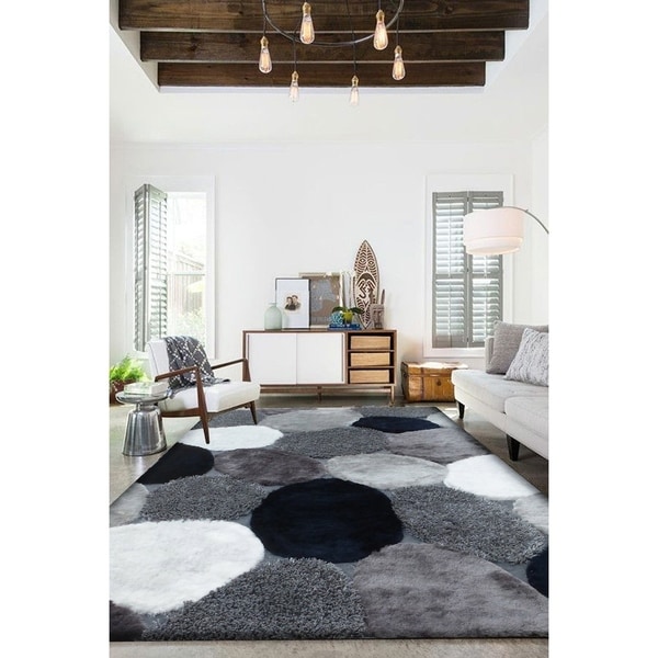 Handmade Grey with Navy Indoor Modern Shaggy Rug - 4' x 5'5