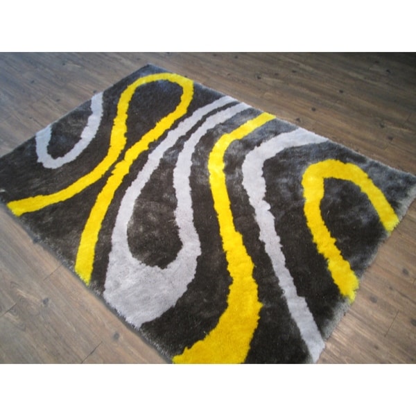 Handmade Grey with Yellow Indoor Modern Shaggy Rug - 4' x 5'30