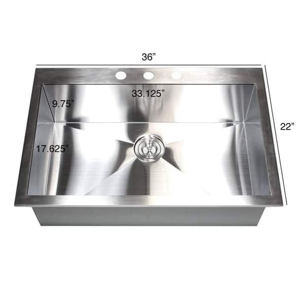 36inch 16 Gauge Stainless Steel Brushed Nickel Single Bowl Topmount Dropin Zero Radius Kitchen
