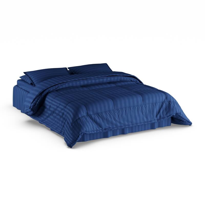 Porch & Den Lockhart Wrinkle Resistant Soft Striped Down Alternative 8-piece Bed in a Bag Set - Queen/Full - Queen - Navy Blue