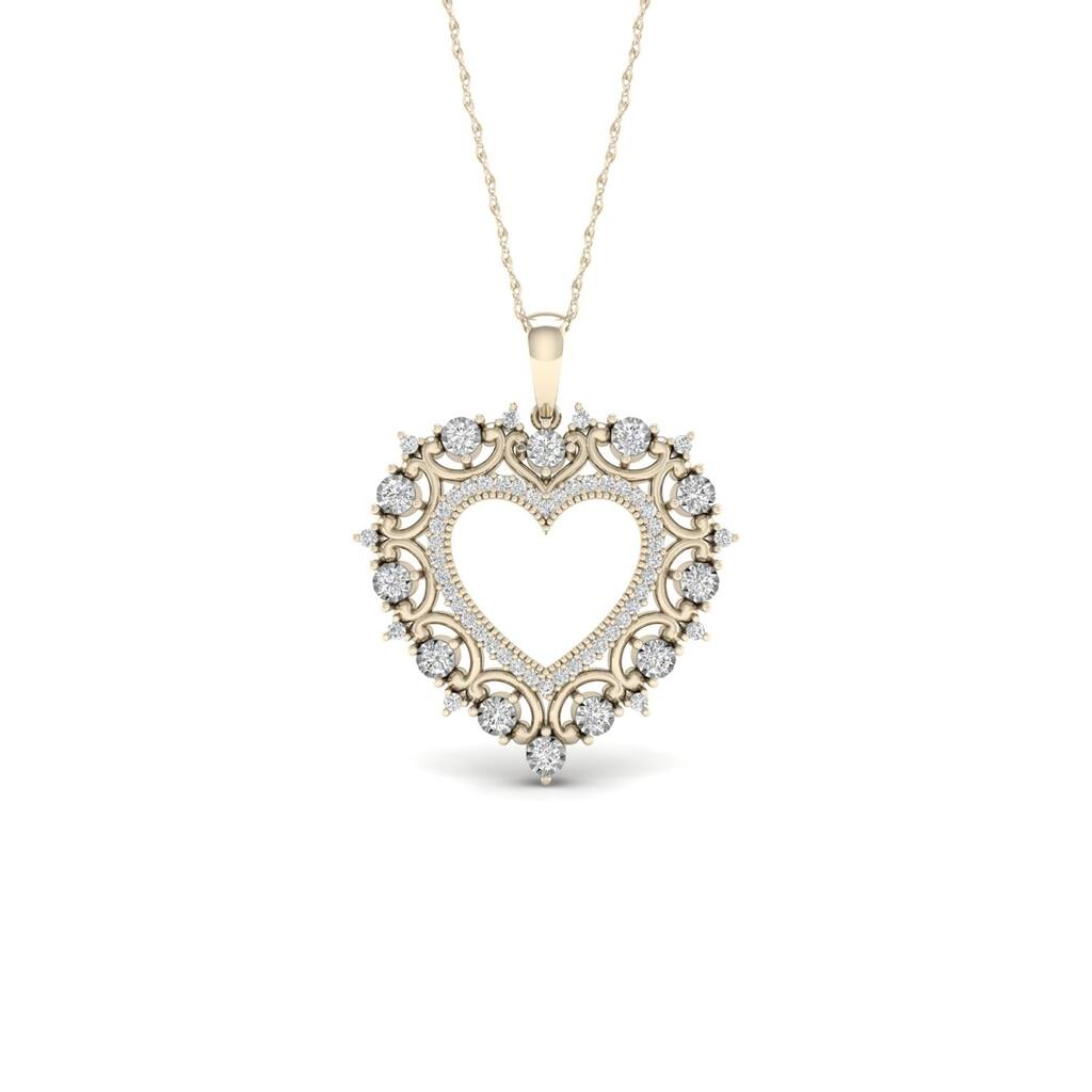 De Couer 10k Yellow Gold 1/4ct TDW Diamond Filigree Heart Necklace
