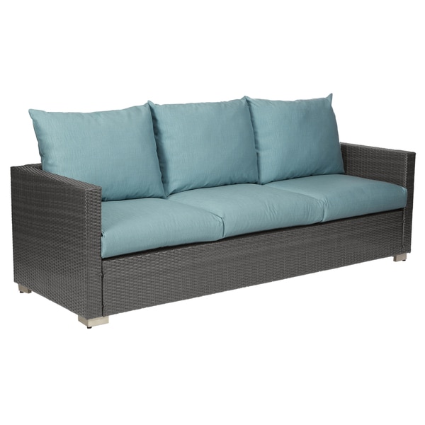 Havenside Home Stillwater Grey Resin Rattan Outdoor Sofa with Teal Blue Cushions