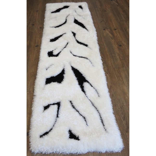 Hand Tufted Modern Shaggy Indoor Runner Rug In Zebra Print White - 2' x 7'5"