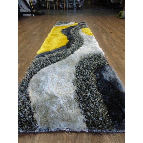 Hand Tufted Modern Design Shag Rug in Grey with Yellow - 2' x 7'5"