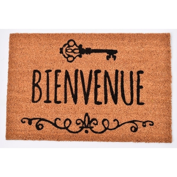Evideco Sheltered Printed Front Door Mat Bienvenue Coir Coco Fibers Rug 24x16 Inch Natural