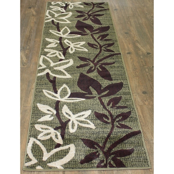 Green Multi Floral Polypropylene Design Runner Rug - 2' x 7'5"