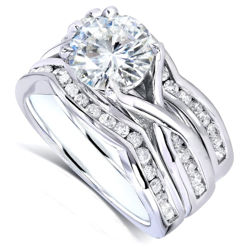 Annello by Kobelli 14k White Gold 1 3/4ct TGW Round Moissanite and Channel-set Diamond Trellis Bow Bridal Rings (DEF/VS, GH/I)