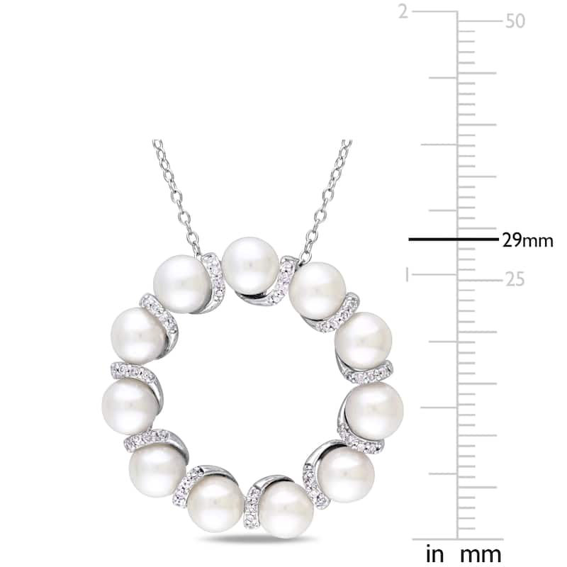 Miadora Sterling Silver Cultured Freshwater Pearl and 1/5ct TDW Diamond Clustered Open Ring Necklace - White