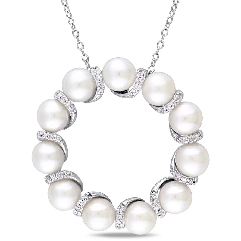 Miadora Sterling Silver Cultured Freshwater Pearl and 1/5ct TDW Diamond Clustered Open Ring Necklace - White