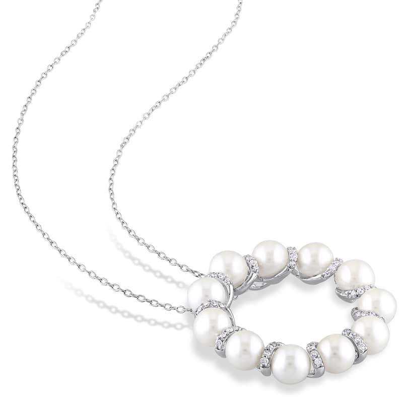 Miadora Sterling Silver Cultured Freshwater Pearl and 1/5ct TDW Diamond Clustered Open Ring Necklace - White