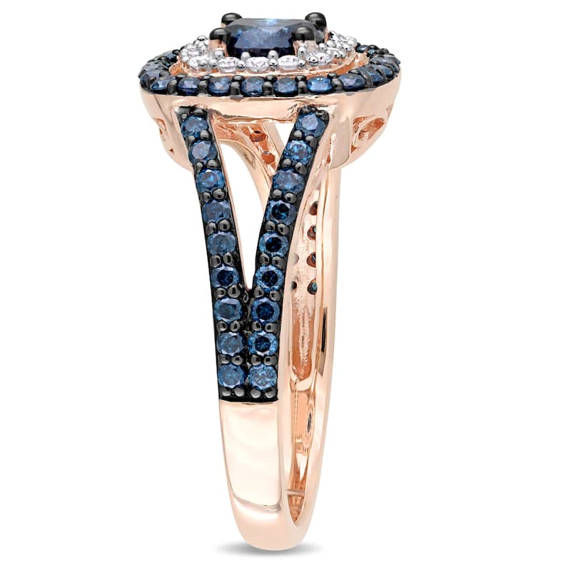 Miadora Signature Collection 10k Rose Gold with Black Rhodium 1-1/3ct TDW Blue and White Diamond Double Halo Engagement Ring