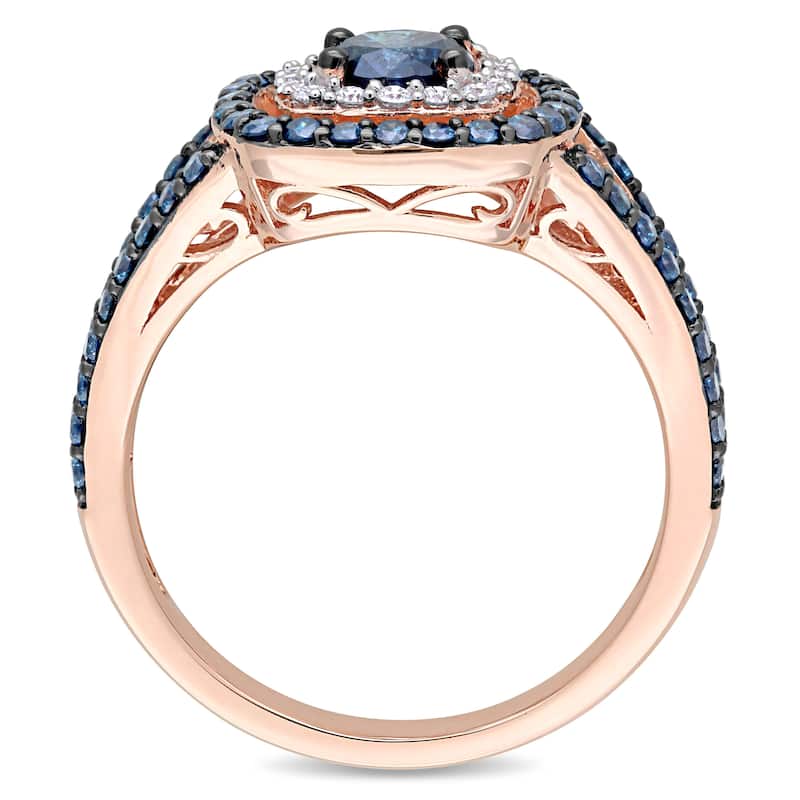 Miadora Signature Collection 10k Rose Gold with Black Rhodium 1-1/3ct TDW Blue and White Diamond Double Halo Engagement Ring