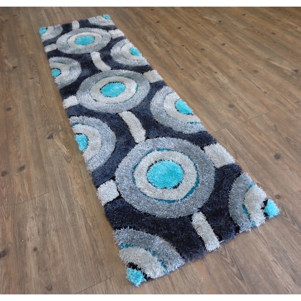 Indoor Durable Gray with Blue Shag Polyester Handmade Runner - 2' x 7'5"