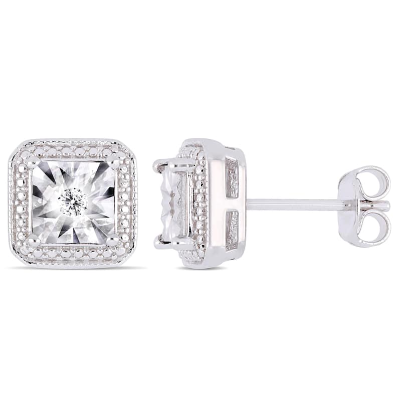 Miadora Sterling Silver Diamond Square Halo Stud Earrings