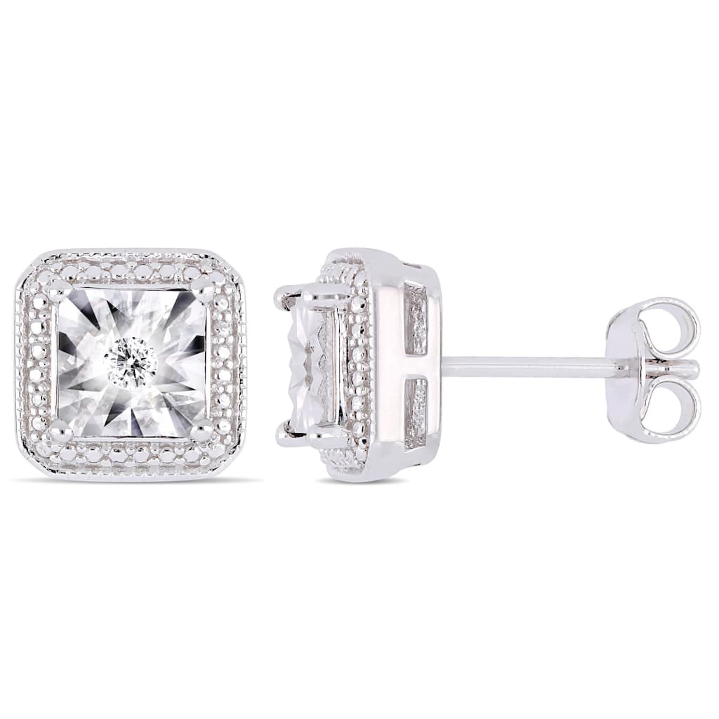 Miadora Sterling Silver Diamond Square Halo Stud Earrings