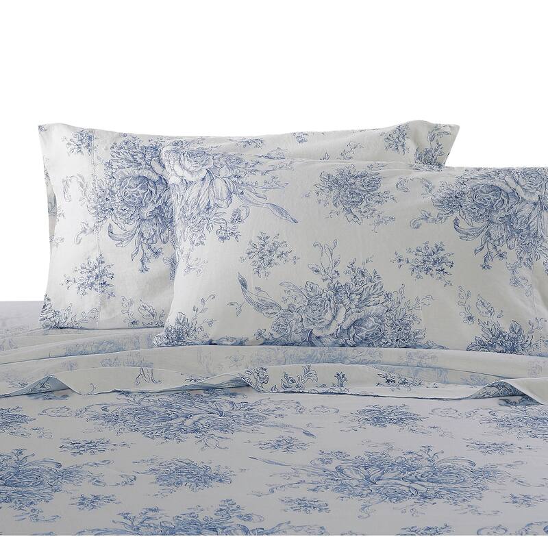 Classical Linen Cotton Collection Natural Printed Toile Sheet Sets - Navy - Full
