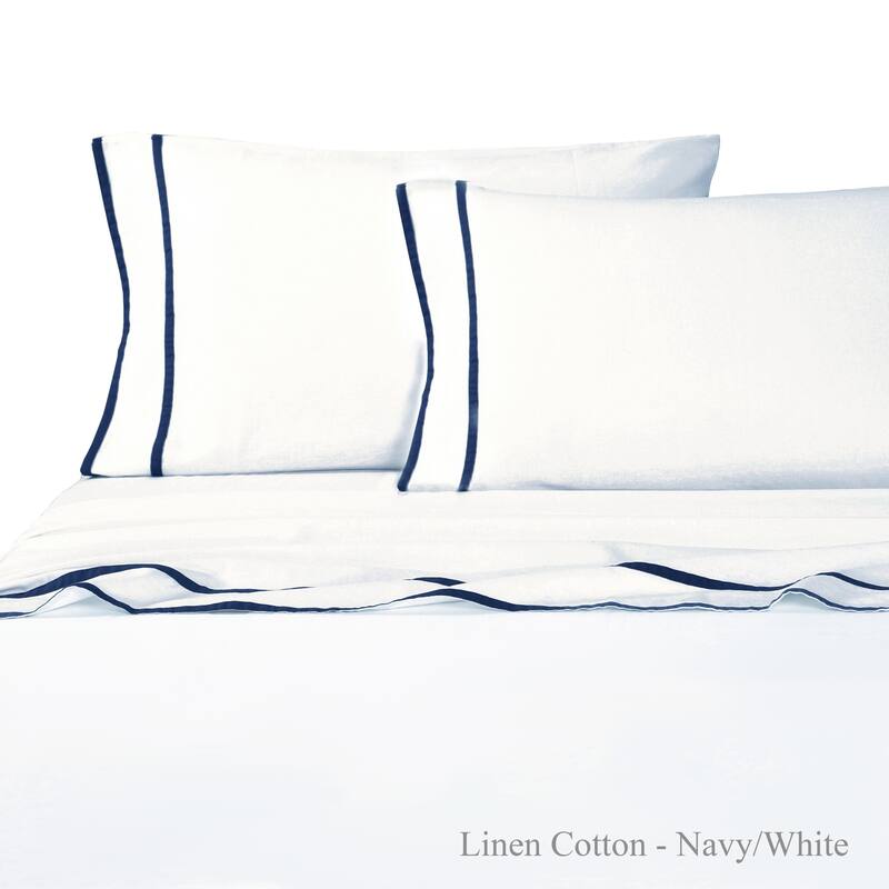 Classical Linen Cotton Collection Parallel Liner Sheet Sets - Navy/ White - King