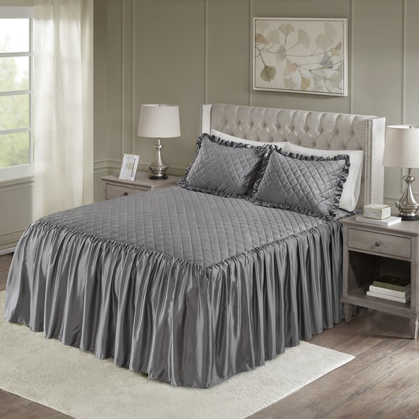 Madison Park Cosette Grey Faux Velvet Diamond Quilted Bedspread Set