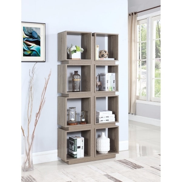 Geometrically Designed Bookcase With 8 Shelves, Gray