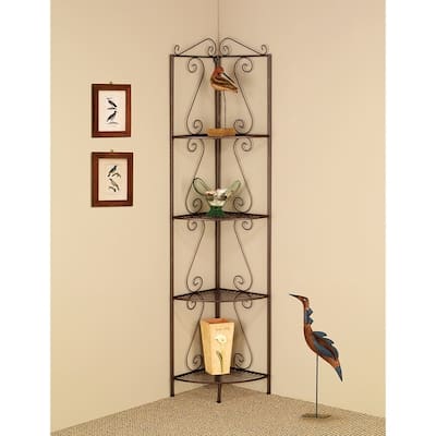Four Tier Metal Foldable Corner Bookcase with Decorative Scrolled Details, Black