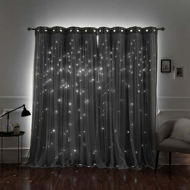 Aurora Home Star Punch Tulle Overlay Blackout Curtain Panel Pair - 52"W X 63"L - Dove