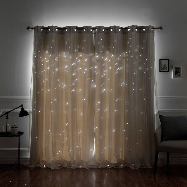 Aurora Home Star Punch Tulle Overlay Blackout Curtain Panel Pair - 52"W x 84"L - Biscuit