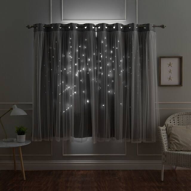 Aurora Home Star Punch Tulle Overlay Blackout Curtain Panel Pair