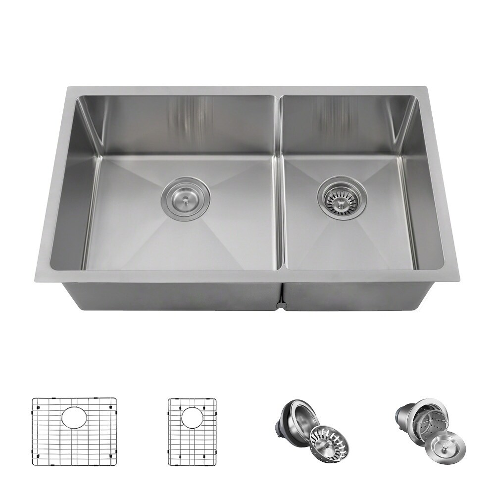 Stainless Steel 36 in. Double Bowl Undermount Kitchen Sink, Thin Divider  and Heavy-Duty Grids