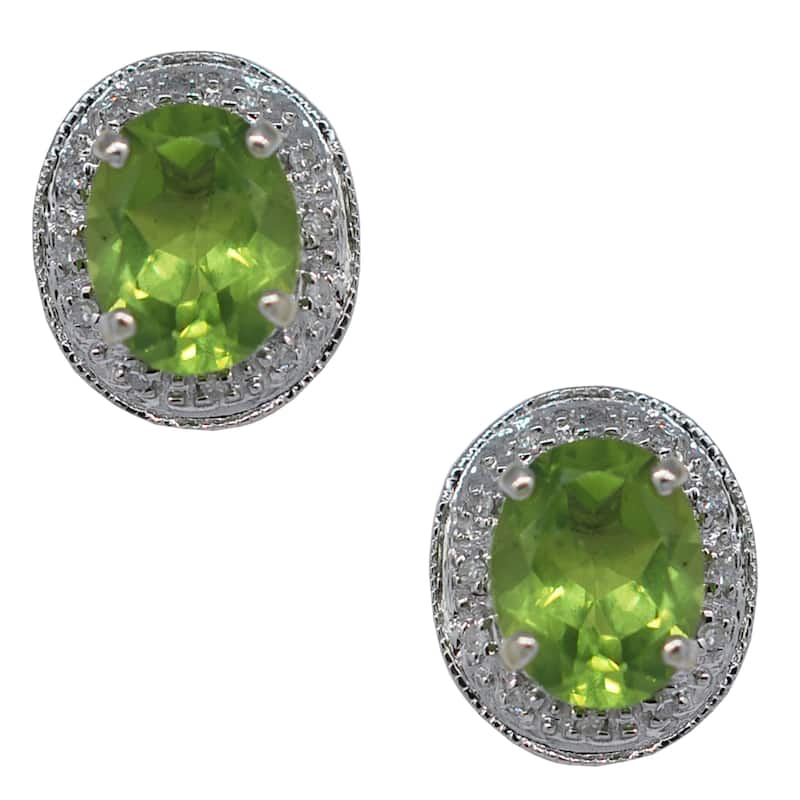 Birthstone Gemstone 8 x 10 mm in 14k White Gold Diamonds Around Stud Earrings