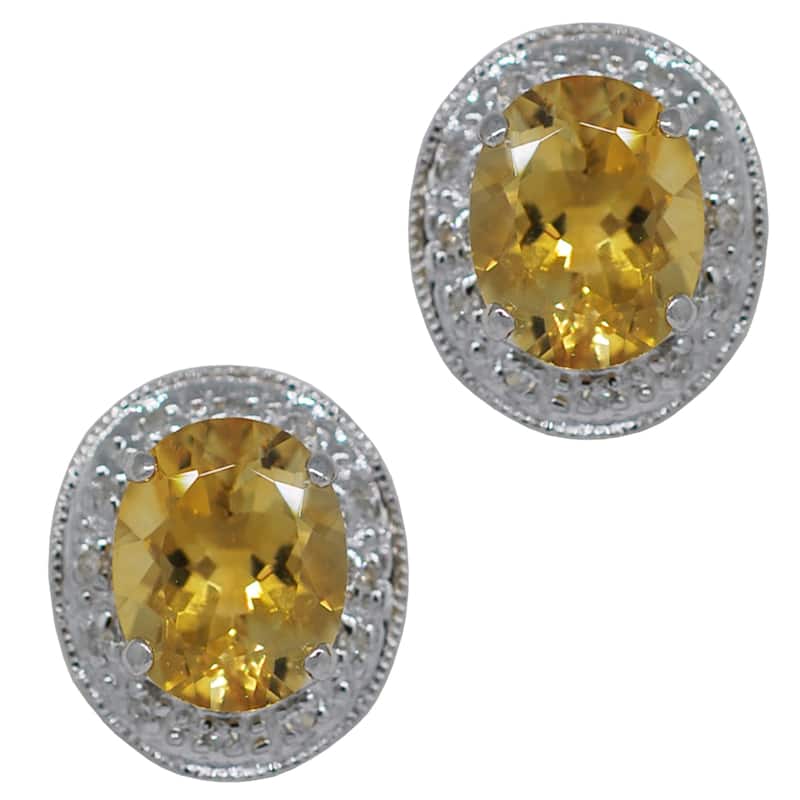 Birthstone Gemstone 8 x 10 mm in 14k White Gold Diamonds Around Stud Earrings - Citrine