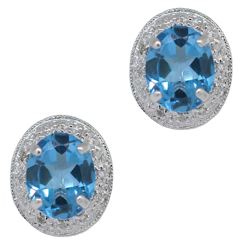 Birthstone Gemstone 8 x 10 mm in 14k White Gold Diamonds Around Stud Earrings