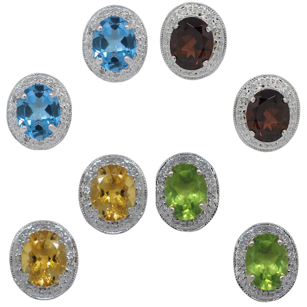 Birthstone Gemstone 8 x 10 mm in 14k White Gold Diamonds Around Stud Earrings