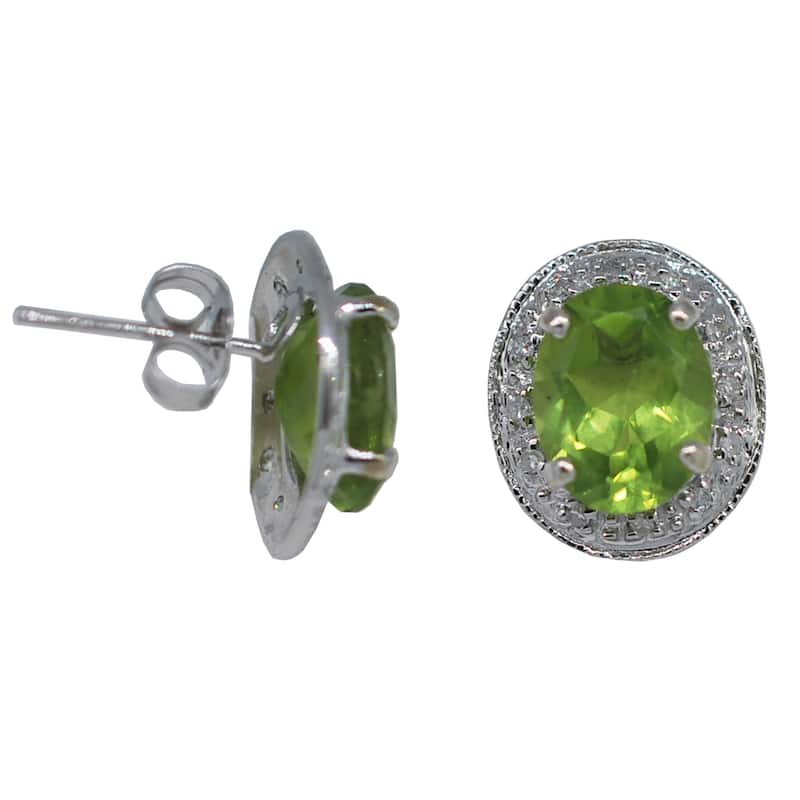 Birthstone Gemstone 8 x 10 mm in 14k White Gold Diamonds Around Stud Earrings